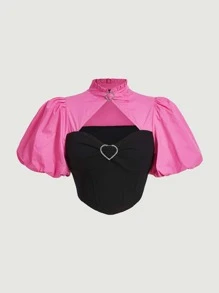 SHEIN MOD Blusa de color combinado con abertura delantera de manga farol - Multicolor - Ver 2