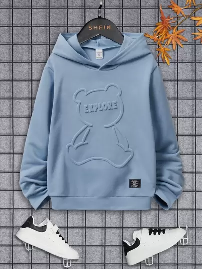 SHEIN 青少年男孩卡通熊压花字母图案休闲长袖连帽卫衣