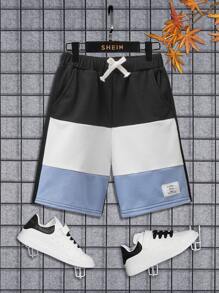 SHEIN Boys Colour Block Letter Patched Detail Drawstring Waist Shorts - Multicolor - View 1