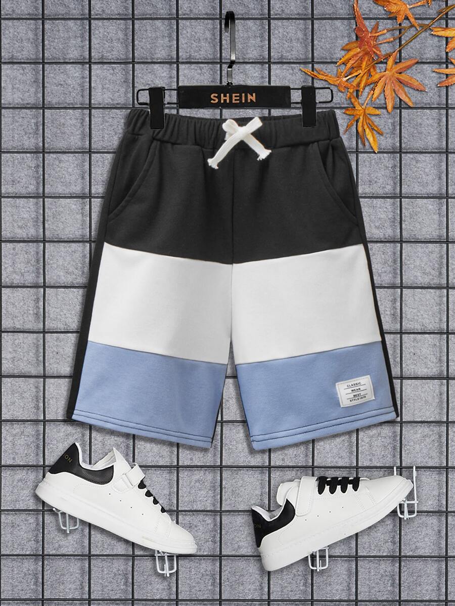 SHEIN Boys Colour Block Letter Patched Detail Drawstring Waist Shorts - Multicolor - View 1