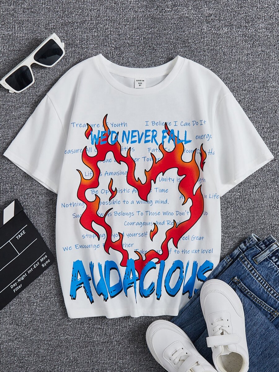 SHEIN Boys Fire & Slogan Graphic Tee - White - View 1