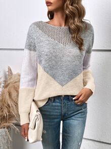 SHEIN LUNE 撞色船領套頭毛衣 - 彩色 - 查看 3