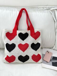 Heart Pattern Crochet Bag School Bag For Graduate, Teen Girls, Freshman, Sophomore, Junior & Senior In College, University & High School, Perfect For Outdoors ,Travel & Back To School