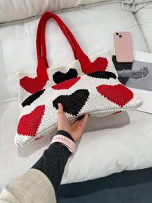 Heart Pattern Crochet Bag School Bag For Graduate, Teen Girls, Freshman, Sophomore, Junior & Senior In College, University & High School, Perfect For Outdoors ,Travel & Back To School