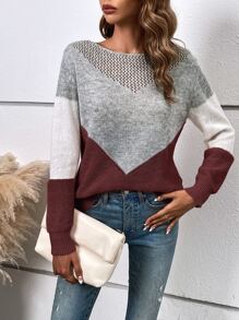 SHEIN LUNE Color Block Ribbed Knit Sweater - Burgundy - View 5