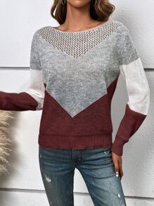 SHEIN LUNE Color Block Ribbed Knit Sweater - Burgundy - View 6