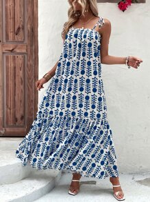 SHEIN VCAY 幾何印花荷葉邊吊帶洋裝 - 藍白色 - 查看 2
