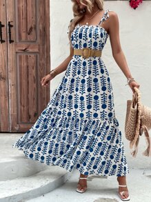 SHEIN VCAY 幾何印花荷葉邊吊帶洋裝 - 藍白色 - 查看 4