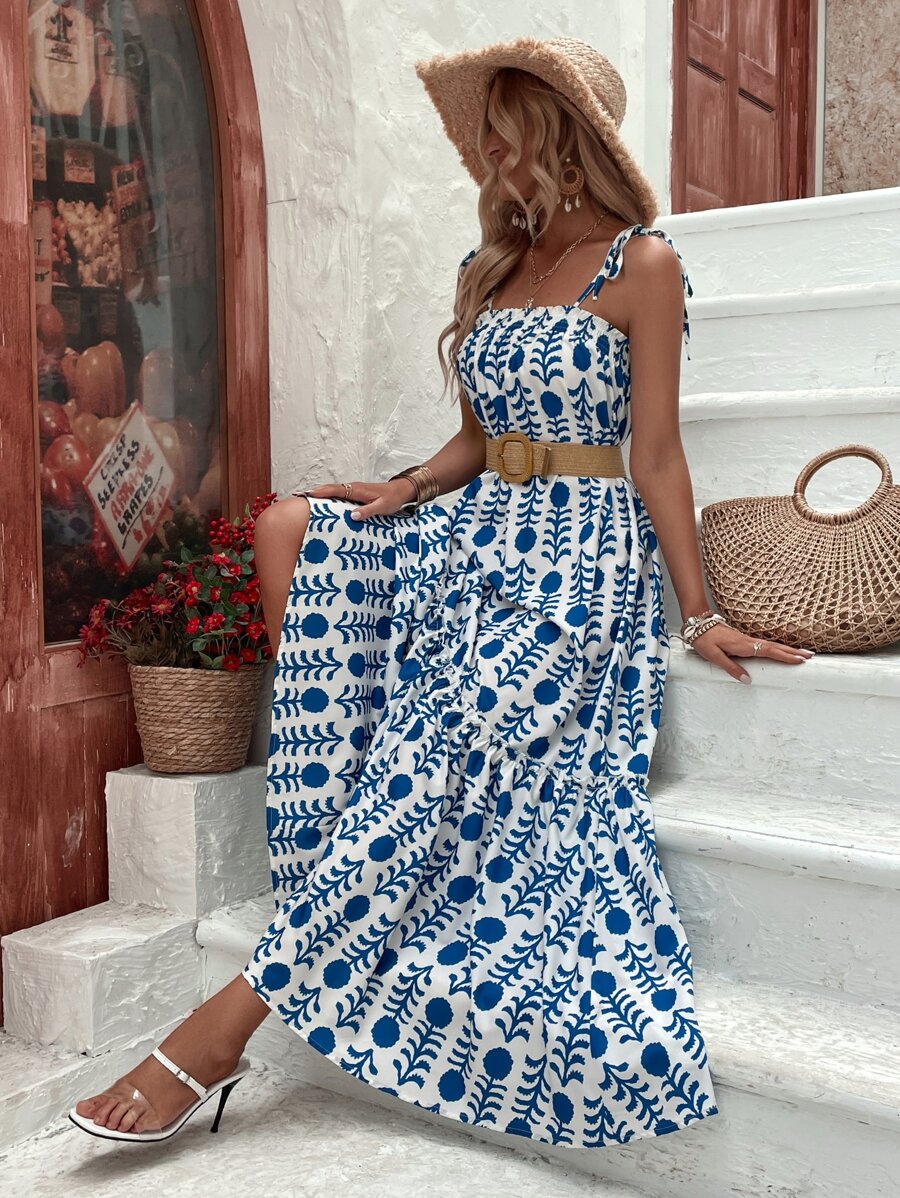 SHEIN VCAY 幾何印花荷葉邊吊帶洋裝 - 藍白色 - 查看 1