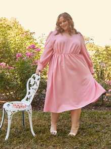 SHEIN CURVE+ Plus Solid V Neck Frill Detail Dress - Pink - View 3