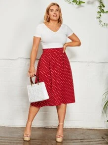 SHEIN Clasi Plus Allover Heart Print Elastic Waist Skirt - Red - View 5