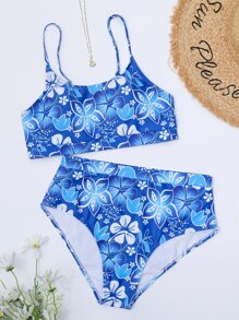 SHEIN Swim Bãi biển mùa hè Bộ bikini in hoa ngẫu nhiên Áo ngực không dây & Bikini cạp cao 2 mảnh Bikini - Xanh và trắng - Xem 3