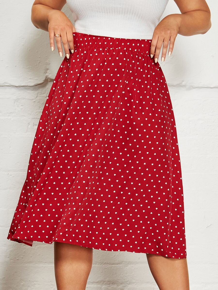 SHEIN Clasi Plus Allover Heart Print Elastic Waist Skirt - Red - View 1