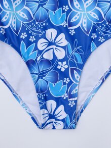 SHEIN Swim Bãi biển mùa hè Bộ bikini in hoa ngẫu nhiên Áo ngực không dây & Bikini cạp cao 2 mảnh Bikini - Xanh và trắng - Xem 4