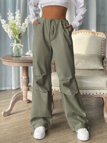 SHEIN EZwear Drawstring Waist Pocket Parachute Pants