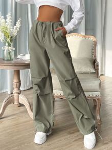 SHEIN EZwear Drawstring Waist Pocket Parachute Pants
