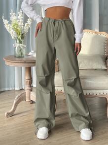 SHEIN EZwear Drawstring Waist Pocket Parachute Pants