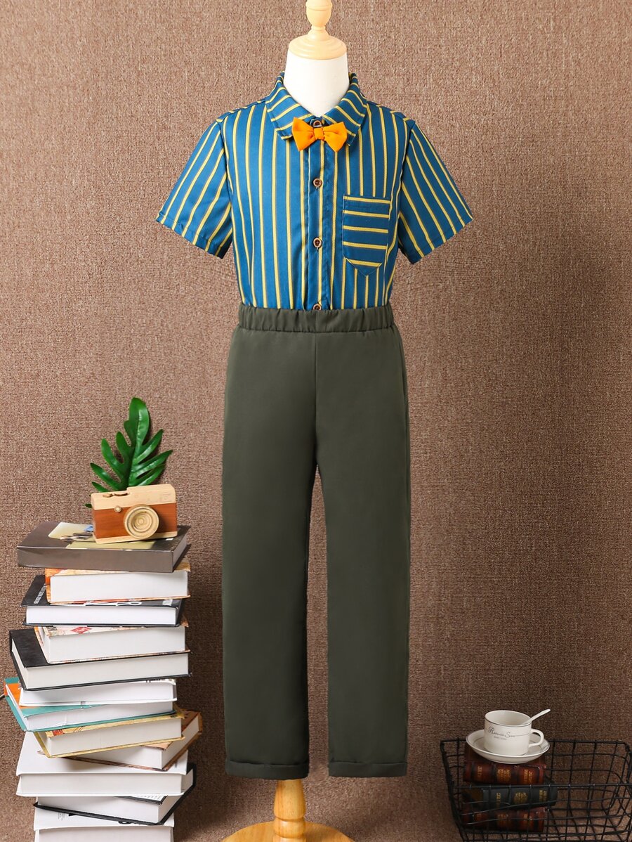 Boys Striped Print Bow Front Shirt & Trousers - Multicolor - View 1