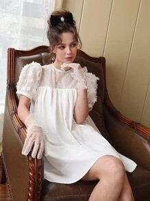 SHEIN MOD Contrast Mesh Puff Sleeve Smock Dress - White - View 1