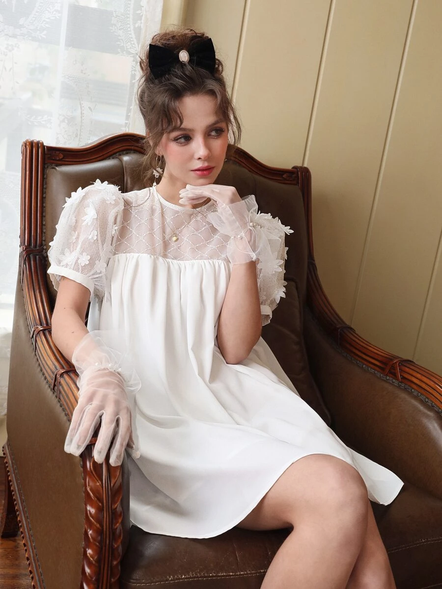 SHEIN MOD Contrast Mesh Puff Sleeve Smock Dress - White - View 1