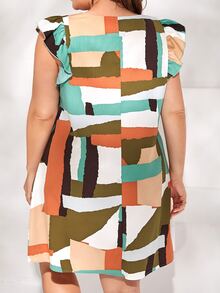 SHEIN VCAY Plus Geo Print Ruffle Trim Tunic Dress - Multicolor - View 3