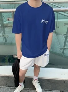 Manfinity Hypemode Men Letter Graphic Tee & Drawstring Waist Shorts - Blue and White - View 1