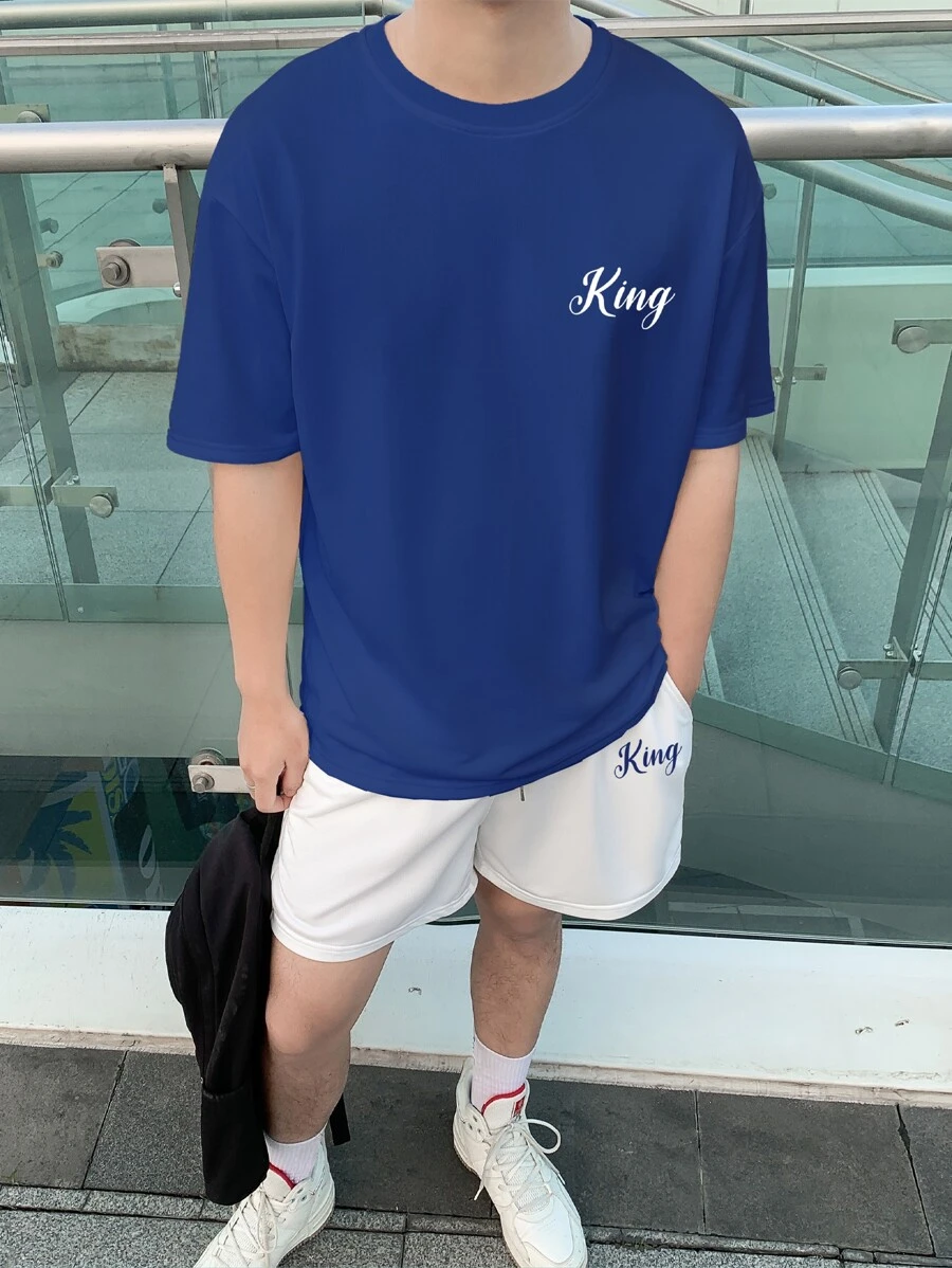 Manfinity Hypemode Men Letter Graphic Tee & Drawstring Waist Shorts - Blue and White - View 1