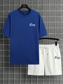 Manfinity Hypemode Men Letter Graphic Tee & Drawstring Waist Shorts - Blue and White - View 2