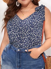 SHEIN VCAY Plus Size Boho Ditsy Floral Tie Shoulder Blouse, For Summer - Multicolor - View 1