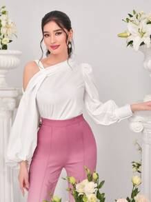 Modelyn Asymmetrical Neck Lantern Sleeve Blouse - White - View 2