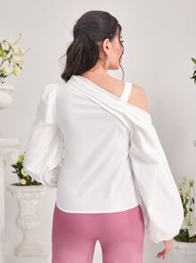 Modelyn Asymmetrical Neck Lantern Sleeve Blouse - White - View 3