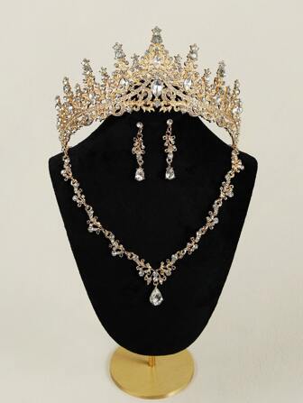 4 件套女士多色水钻皇冠设计耳环和项链套装皇家头饰万圣节