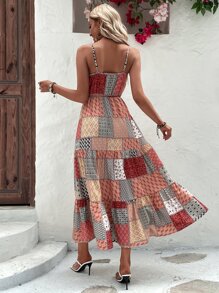 SHEIN Holidaya Đầm Viên lá sen Chắp vá Boho - Nhiều màu - Xem 3