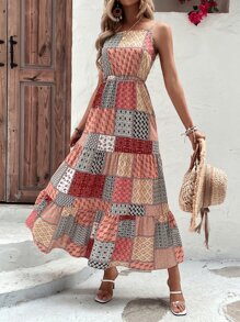 SHEIN Holidaya Đầm Viên lá sen Chắp vá Boho - Nhiều màu - Xem 4