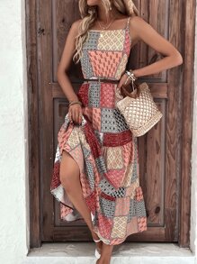SHEIN Holidaya Đầm Viên lá sen Chắp vá Boho - Nhiều màu - Xem 1