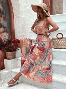 SHEIN Holidaya Đầm Viên lá sen Chắp vá Boho - Nhiều màu - Xem 6