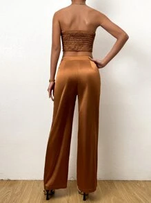 Allurite Solid Crop Tube Top & Wide Leg Trousers - Brown - View 4