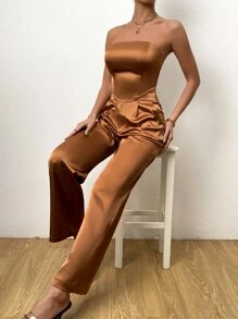 Allurite Solid Crop Tube Top & Wide Leg Trousers - Brown - View 5