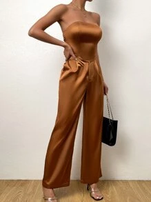 Allurite Solid Crop Tube Top & Wide Leg Trousers - Brown - View 6
