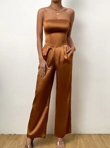 Allurite Solid Crop Tube Top & Wide Leg Trousers - Brown - View 2