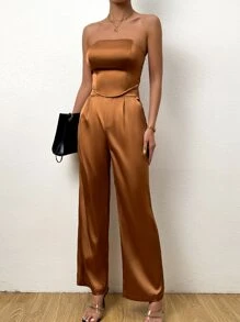 Allurite Solid Crop Tube Top & Wide Leg Trousers - Brown - View 3