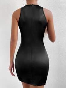 Allurite Chain Detail Split Hem Satin Bodycon Dress - Black - View 2