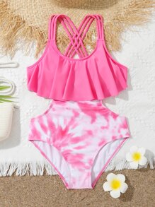 Girls Tie Dye Cut-out Ruffle Trim One Piece Swimsuit - Pink - View 1