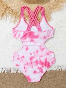 Girls Tie Dye Cut-out Ruffle Trim One Piece Swimsuit - Pink - View 2