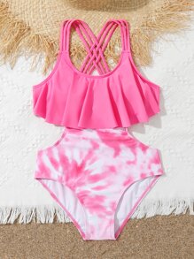 Girls Tie Dye Cut-out Ruffle Trim One Piece Swimsuit - Pink - View 3