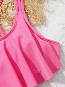 Girls Tie Dye Cut-out Ruffle Trim One Piece Swimsuit - Pink - View 5