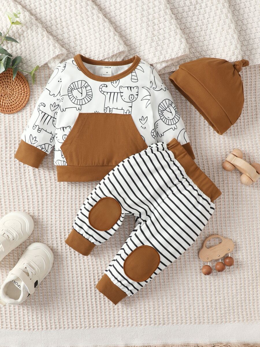 Baby Boy Cartoon Graphic Kangaroo Pocket Sweatshirt & Striped Joggers - White - View 1