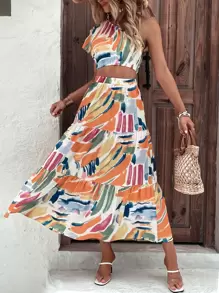 Breezaya Allover Print Crop One Shoulder Blouse & Ruffle Hem Skirt