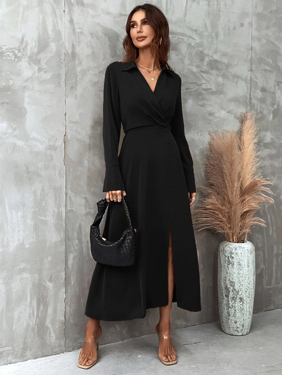 SHEIN Clasi Solid Ruched Detail Fake Button Split Thigh Dress - Black - View 1