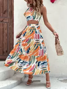 Breezaya Allover Print Crop One Shoulder Blouse & Ruffle Hem Skirt